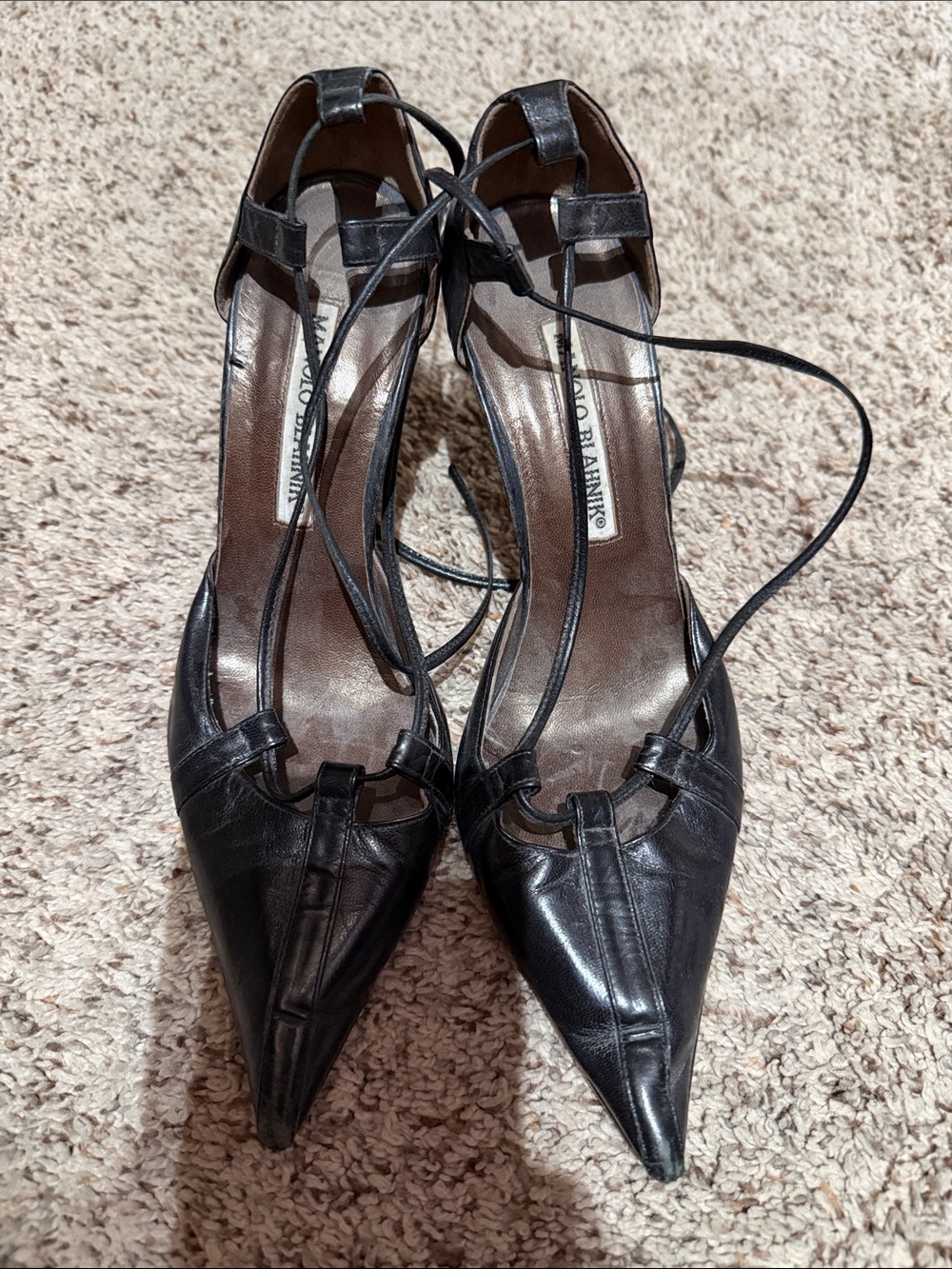 Manolo Blahnik Black Pointed Leather Lace-Up Heels